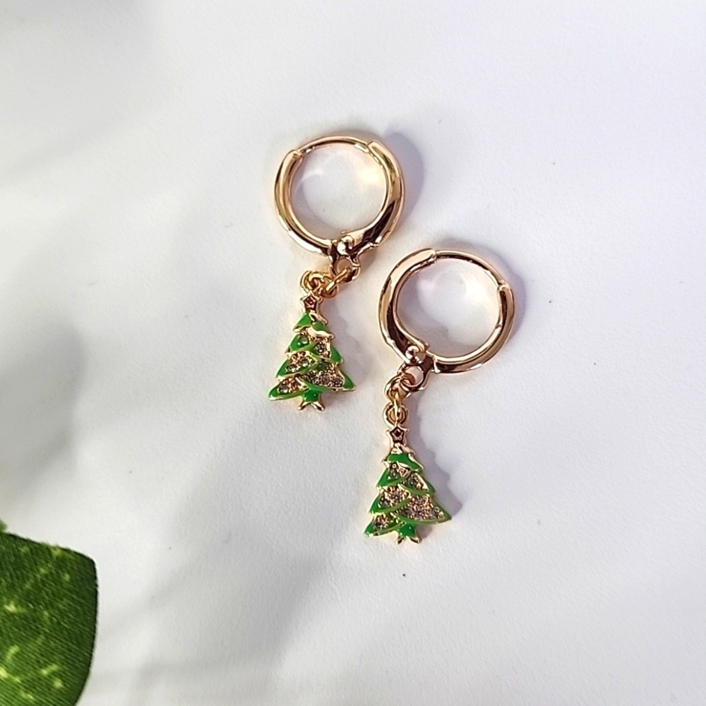 Gold Huggie Hoop Earrings Christmas Tree Dangle Drop New